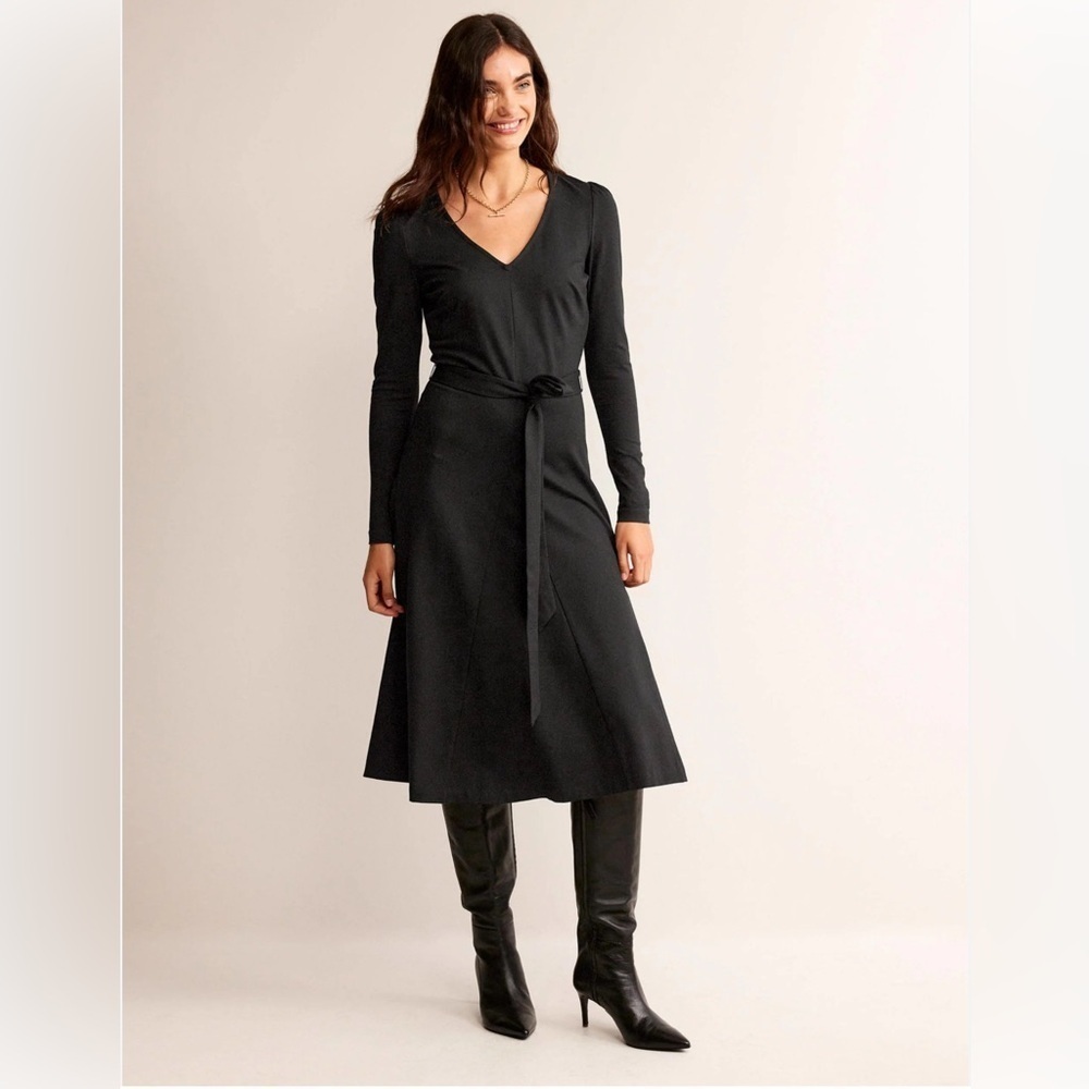 Boden Nwt Woman’s Classic Midi Pullover 100% Cotton Black V Neck Belted Dress